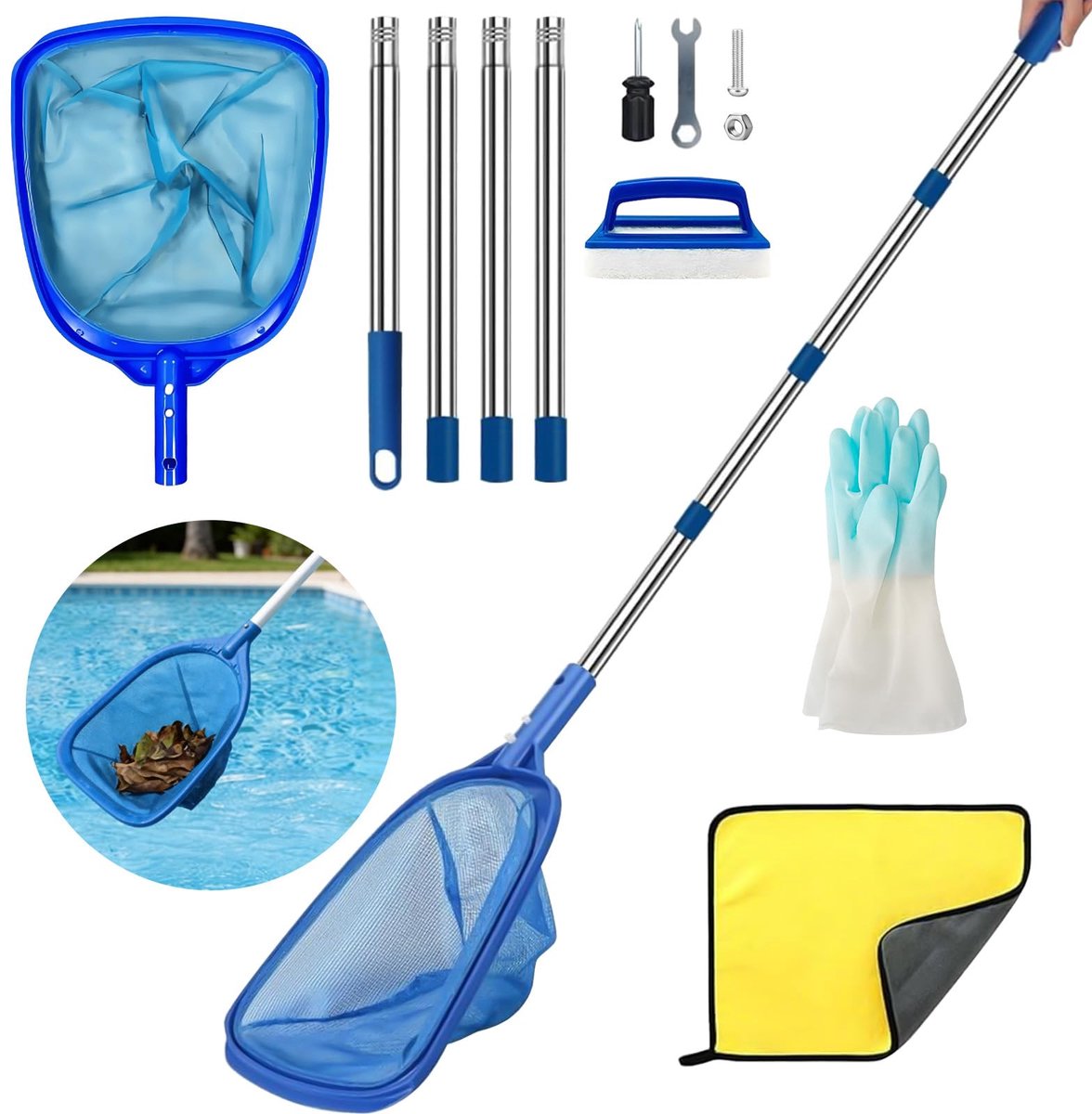 185 cm telescoopstang, zwembadreinigingsset met skimmer reinigingsborstel, handdoek, schepnet vijver, accessoires voor zwembad, vijver, kinderbadje, aquarium