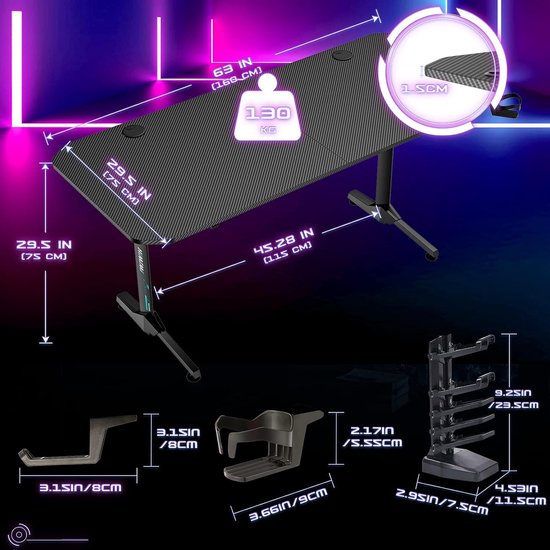 Gaming Bureau - Computer Tafel - Comfortabel Werken - Grote Muismat - 160 x 75 cm - Zwart — afbeelding 4