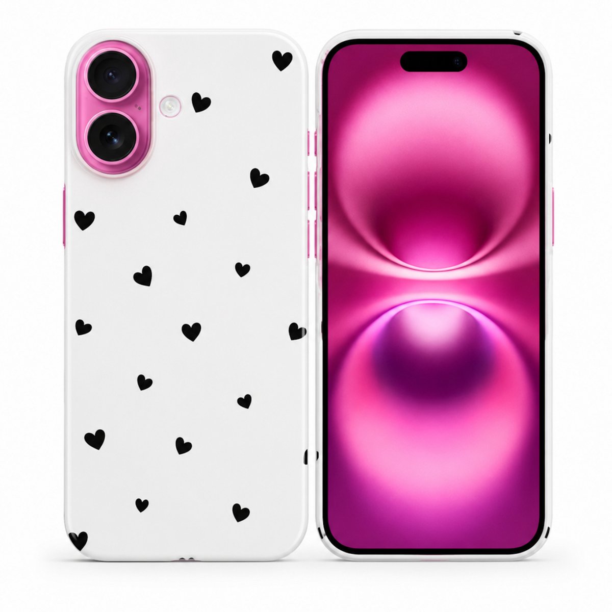 Hoesje geschikt voor iPhone 16 Plus – Mini Hartjes – Exclusief Design – Polycarbonaat – Wit en Zwart