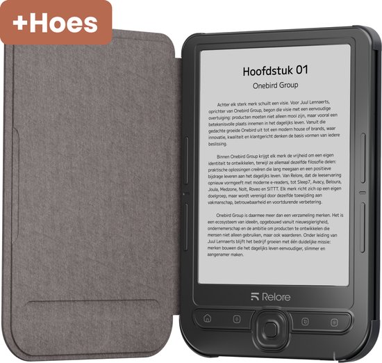 Een zwarte e-reader ligt open naast een donkergrijs hoesje.