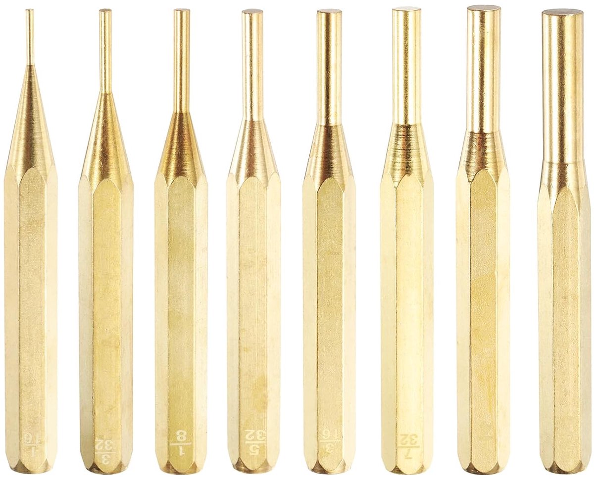8-delige messing puntenset 1/16 inch 3/32 inch 1/8 inch 5/32 inch 3/16 inch 7/32 inch 1/4 inch 5/16 inch niet-metalen aandrijfpen-punten uitlijningspunten voor horlogereparatie, sieraden en