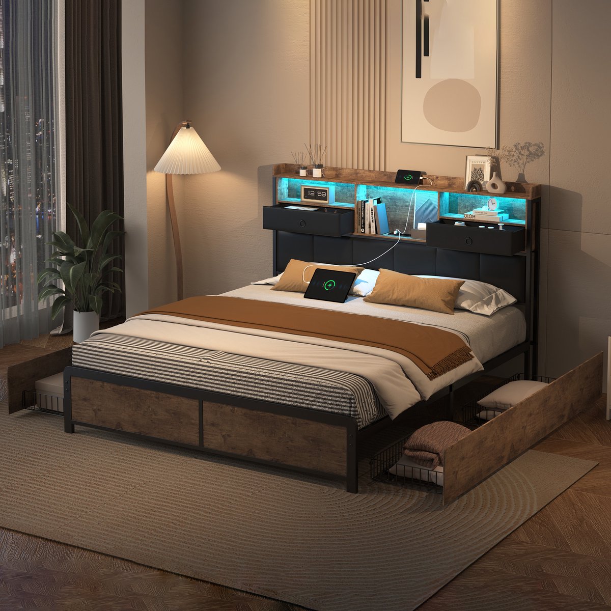 Tweepersoonsbed 140x200 cm, bed met ledverlichting en USB-oplaadpunt, 4 lades en hoofdbord, gestoffeerd bed met lattenbodem, ijzeren bed voor volwassenen en tieners, Grijs