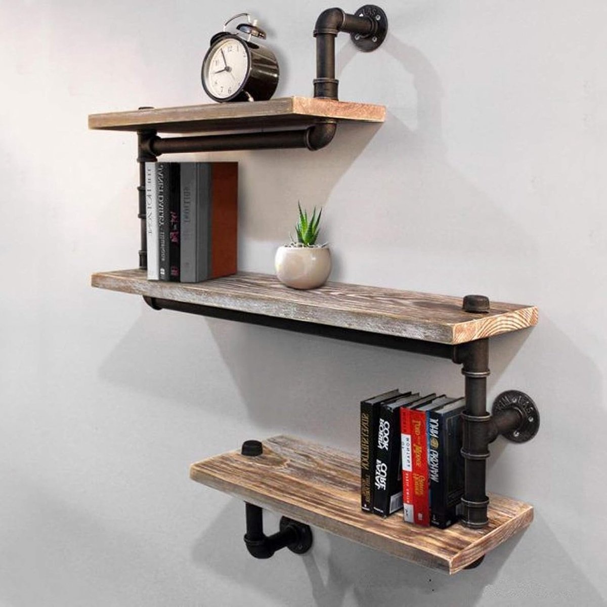 3 lagen zwevend rek, industriële buisrek, wandrek, massief houten rek, buisrek, metalen opbergplanken, vintage planken