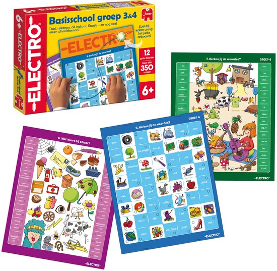 Een Electro educatief spel "Basisschool groep 3&4" met een spelbord en vier losse kaarten met afbeeldingen van dieren, voedsel, objecten en scènes.