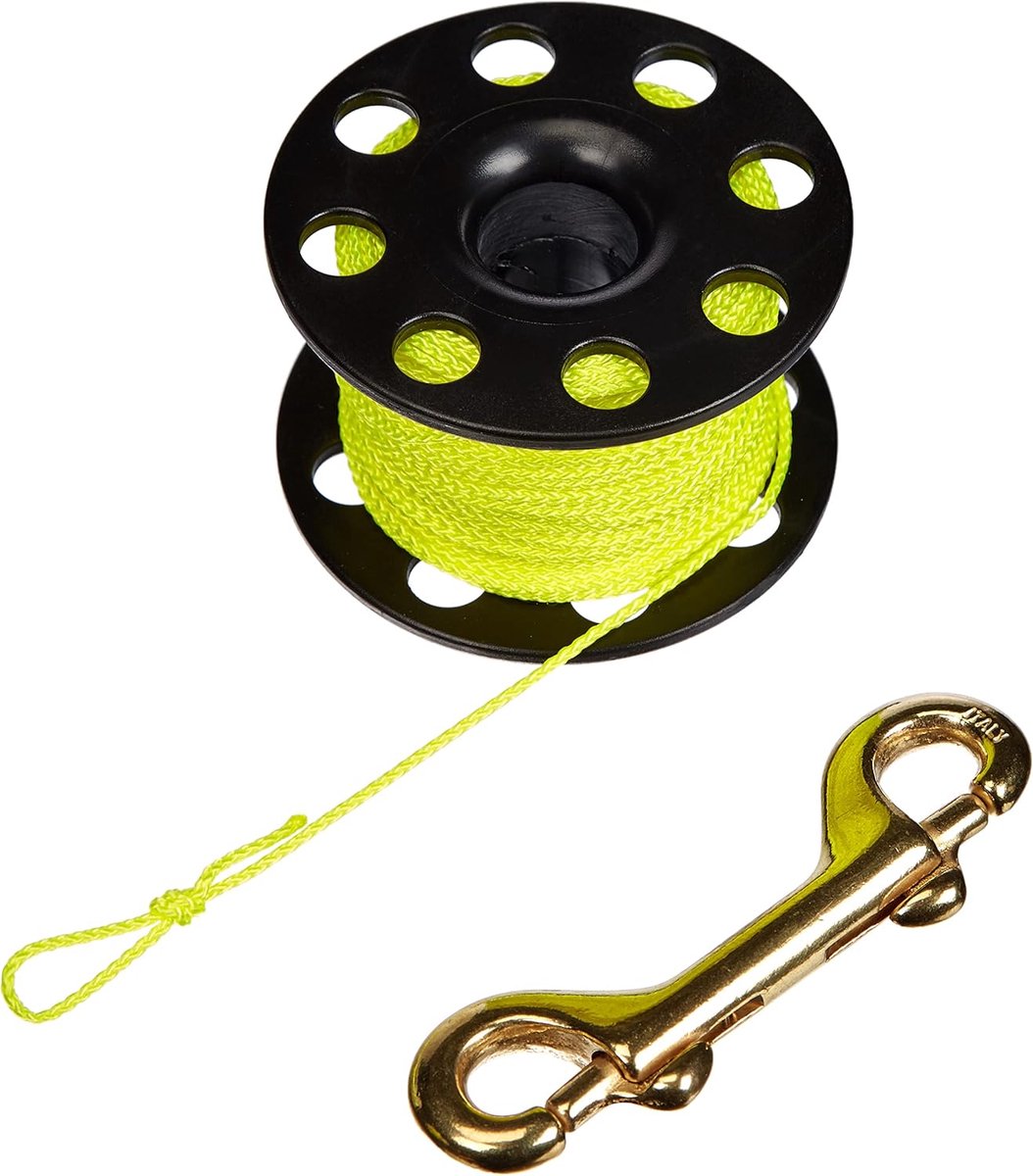 Divers | Onderwaterhaspel van versterkt nylon met neongeel koord en dubbele karabijnhaak van messing van 90 mm | werpafstand 30 meter | Made in Italy