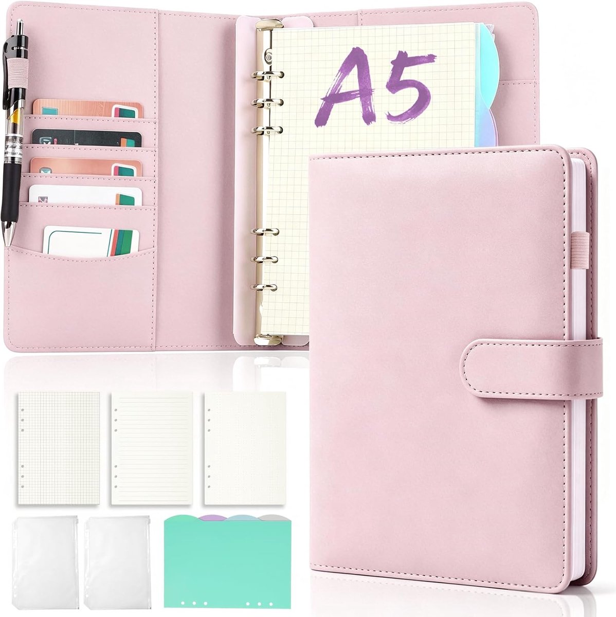 Ringband, A5, navulbaar, PU-leer, notitieboek, roze, budgetplanner | 150 vellen navulpapier, A5-map met 6 ringen, bindvakken, tabverdeler, organizer A5, voor reizen, school, kantoor