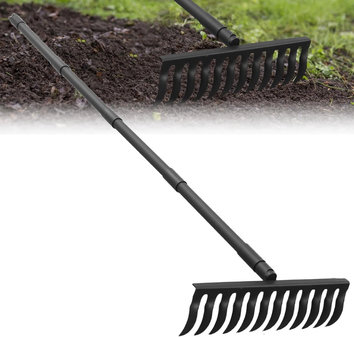 hark voor zware lasten, 200 cm, metalen hark met kop met 12 tanden met verstelbare handgreep, gazonhark voor gazon en bladeren