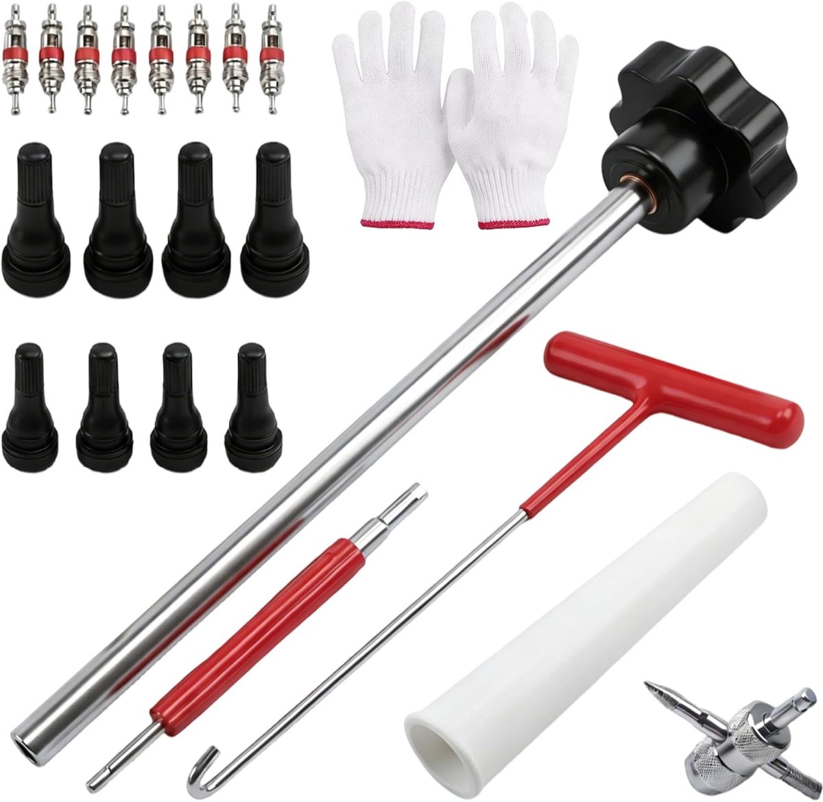 22-delige reparatieset voor bandenventiel, inclusief handschoenen | Van metaal en kunststof, gereedschapsset voor snel wisselen met ventieltrekker, obusdemontage, haakgereedschap