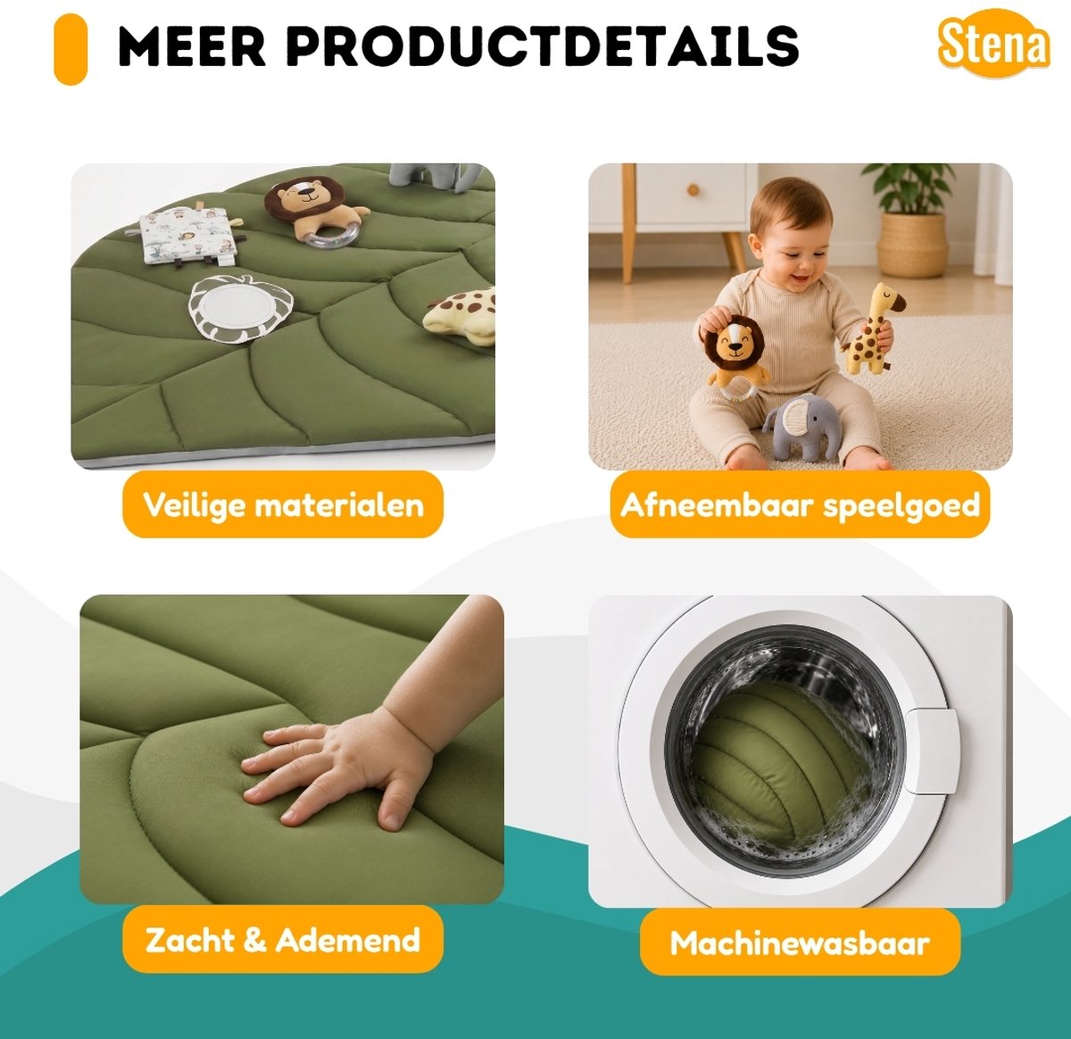 Stena Babygym - Speelkleed Baby met Boog - Jungle+ - 8 Speeltjes - Speelmat - Trendy Design - 0 tot 18 Maanden — afbeelding 3