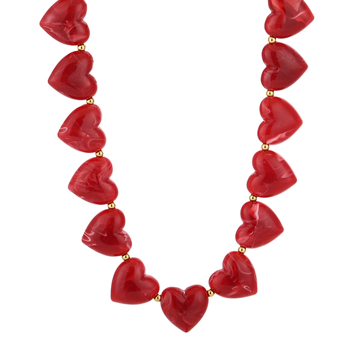 Harten Kralenketting met Tussenbolletjes – Harten Kralen Ketting – RVS - Rood