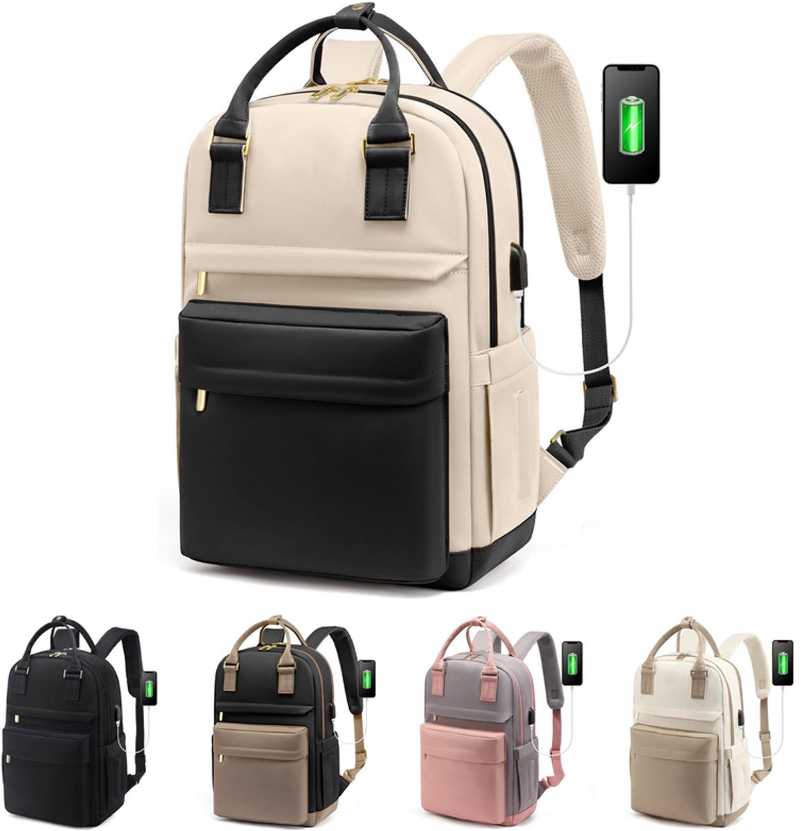 KZQ Waterdichte Laptop Rugzak - Met USB Poort - 15.6 Inch - Voor Dames Meisjes - School Werk College - Beige/Zwart