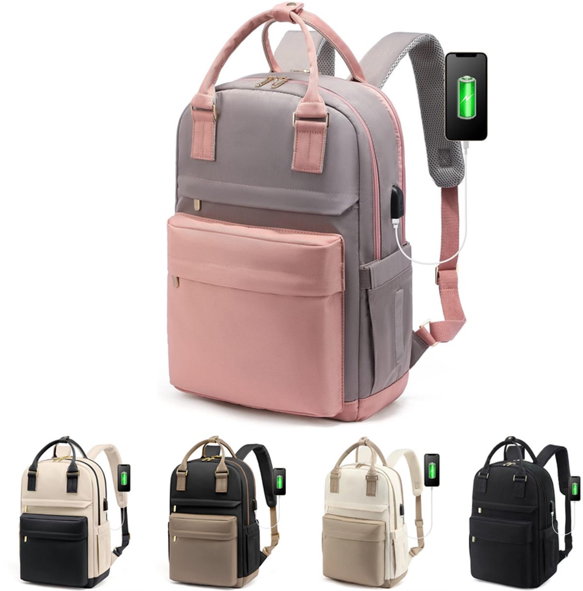KZQ Waterdichte Laptop Rugzak - Met USB Poort - 15.6 Inch - Voor Dames Meisjes - School Werk College - Roze