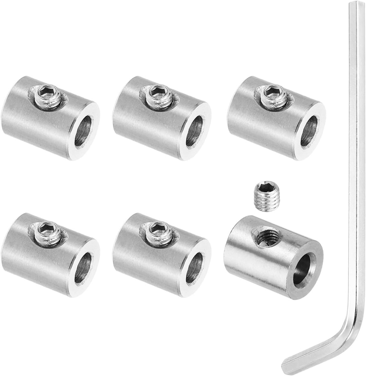 Set van 5 mm draadkabelclips, 6 stuks 304 roestvrijstalen kabelklemmen met één gat en zeshoekige schroeven sleutel voor draadkabelmontage, zilver