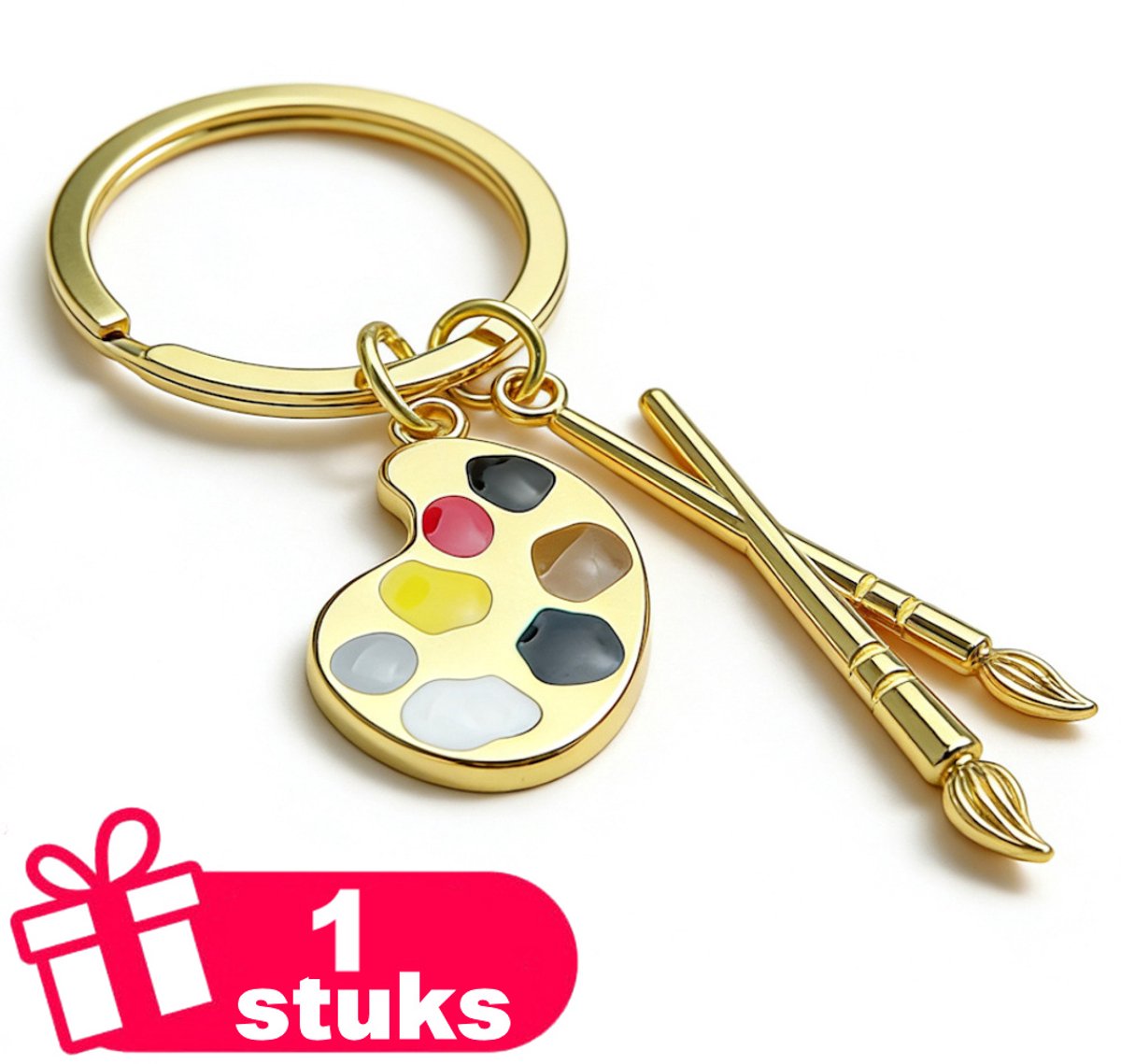 Decopatent - Premium Keychain - Metalen Sleutelhanger Schilder - Verfpalet & Kwasten - Luxe Keychain - Sleutelring - Cadeau voor Kunstenaars - Goudkleurig