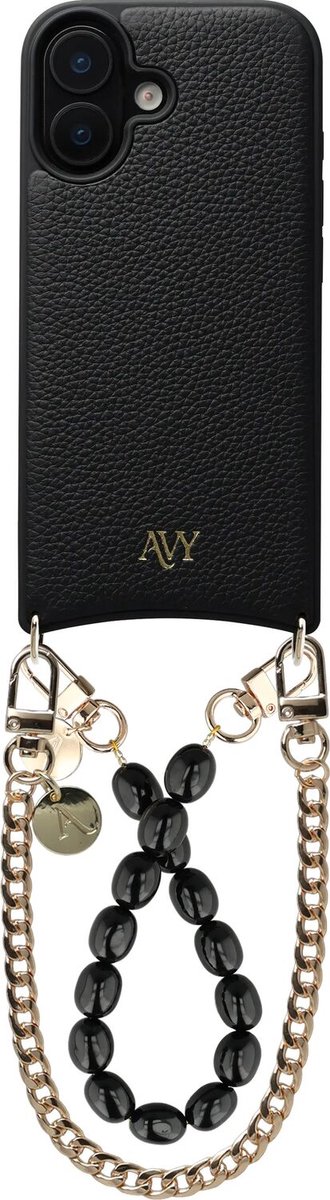 AVY Leren Hoesje Geschikt voor Apple iPhone 16 | Compatibel met MagSafe | Leather Case met Telefoonkoord | 2 Polsbandjes | Zwart | Rosario Gold Set