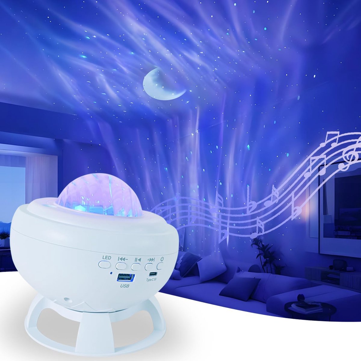 Projector sterrenhemel kinderen-projector sterrenhemel usb-projector sterrenhemel volwassenen - Bluetooth Aurora Projector - USB-voeding, 360° verstelbare sterrenhemelprojectie - wit - 14,5 x 12,5 cm