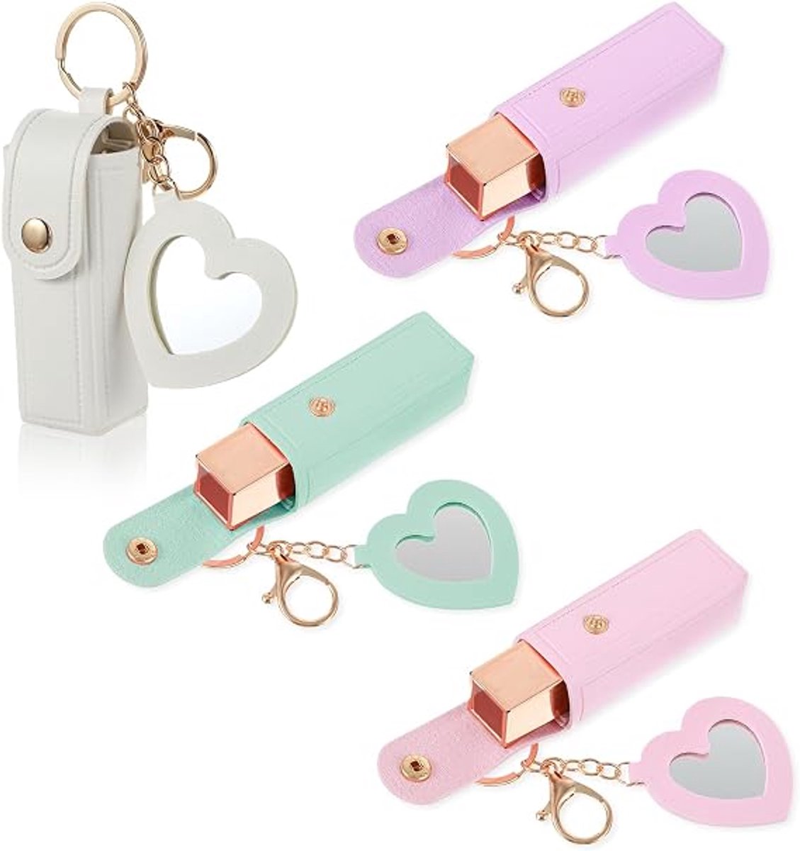 4x Lippenstift houder - Lippenstiftdoosje - Lipstick houder - Met spiegel - Sleutelhanger - Etui voor lipgloss - Etui voor hoesje - Opbergdoosje voor lippenstift - Draagbaar make-updoosje - Geschikt voor het opbergen van make-up onderweg - PU-leer