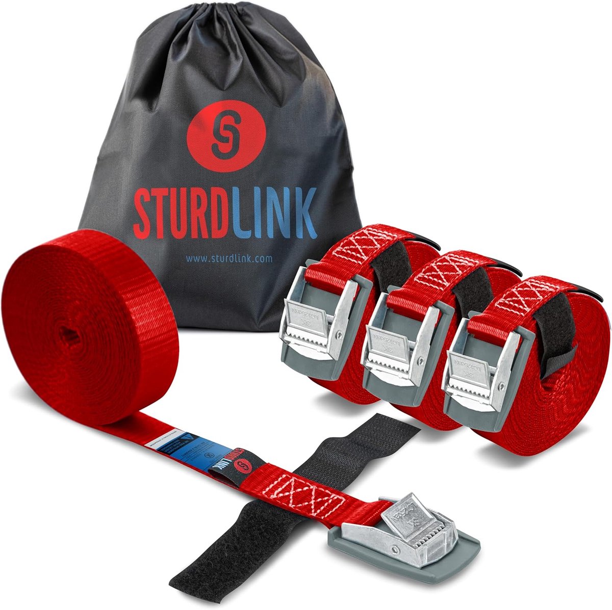 SnelShoppen - Set van 4 Kleine Spanbanden 25 mm 250 kg met Gesp en Bevestigingssysteem, 3 m 4 m 5 m + Tas voor Fietsendrager, Dakdrager, Aanhaakringen