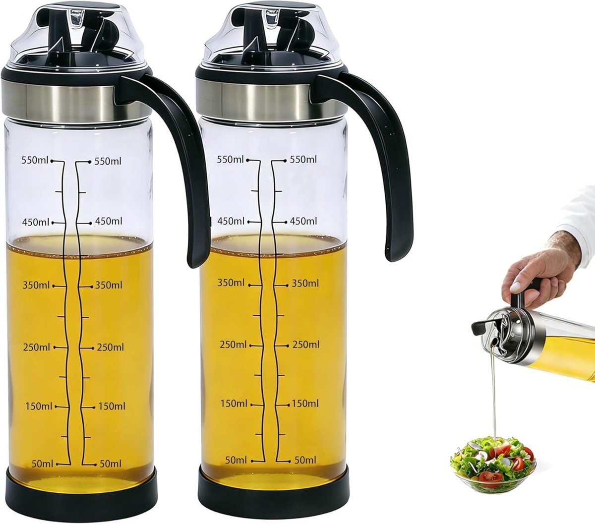 Automatische Oliefles met Ventiel, 2 Stuks, 500 ml, Olijfolie Dispenser met Handvat, Stabi