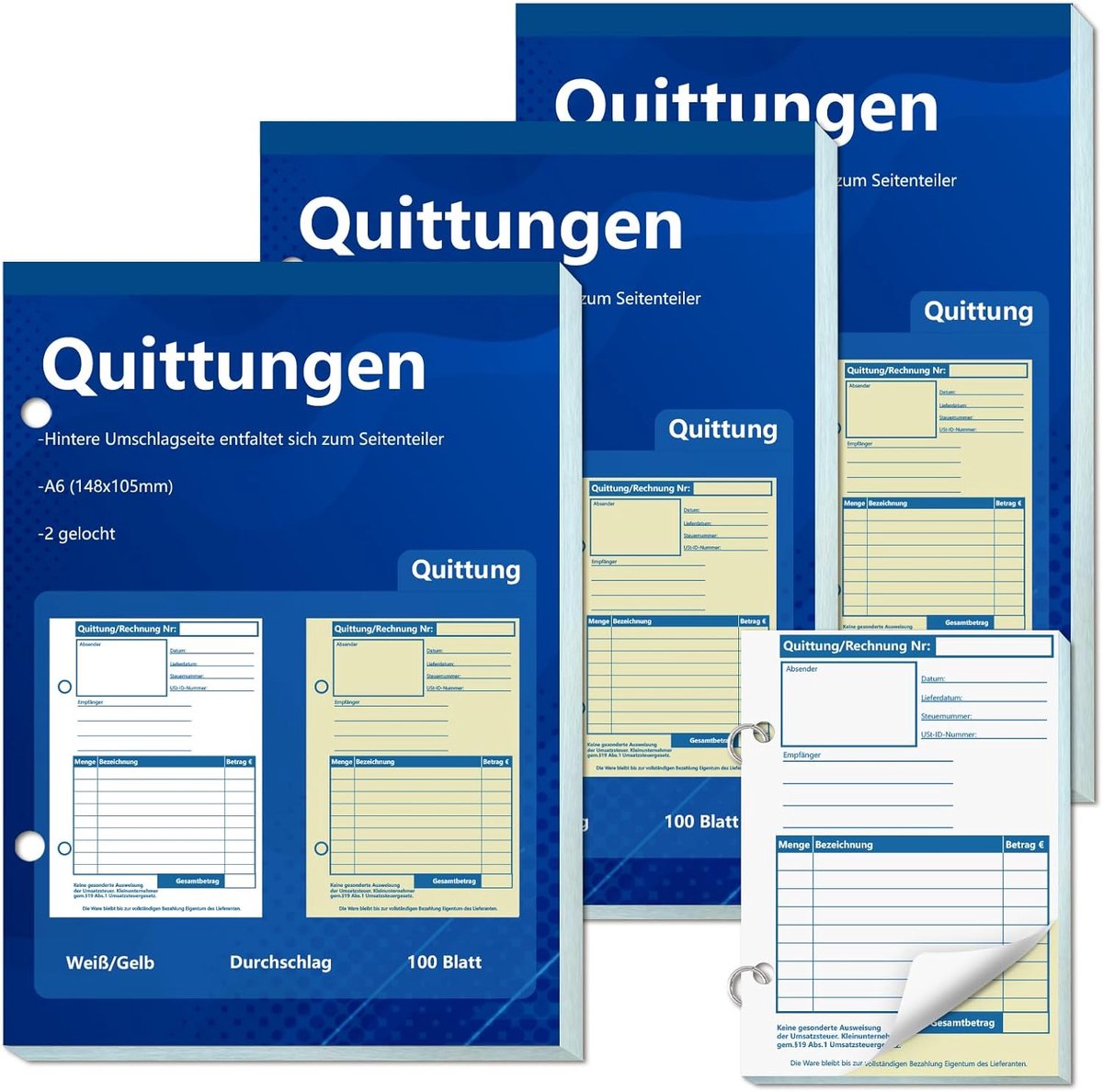 SnelShoppen - Pack van 3 A6 Ontvangstblokken, Perforated, 2x50 Bladen, Ideaal voor Kleine Bedrijven, Verenigingen, Zelfstandigen, Handig en Draagbaar