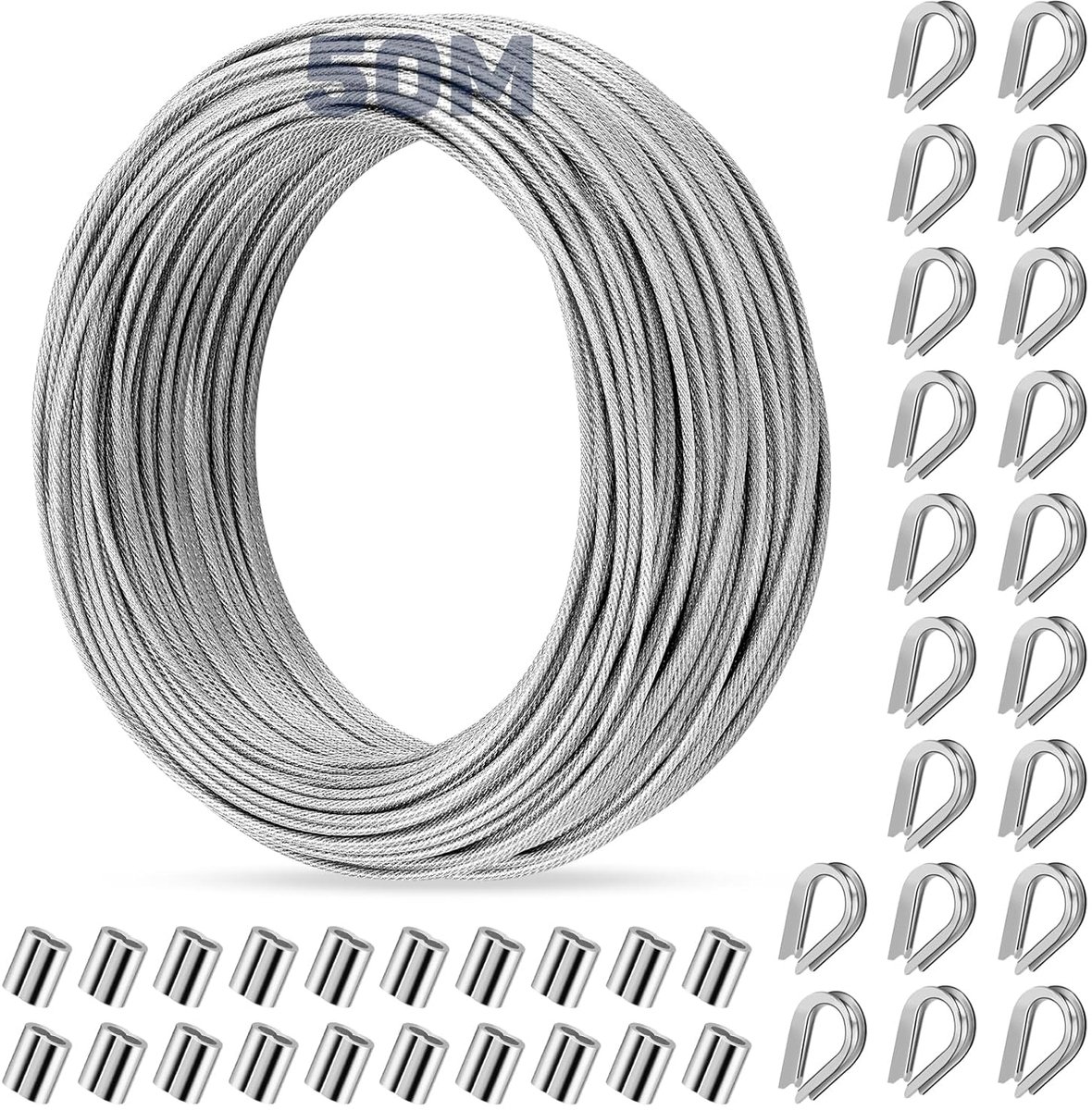SnelShoppen - 50m 2mm RVS Kabel met 40 Accessoires - 304 Roestvrij Staal voor Tuinprojecten, Ophangsystemen, Schutting en Gordijnbeugels