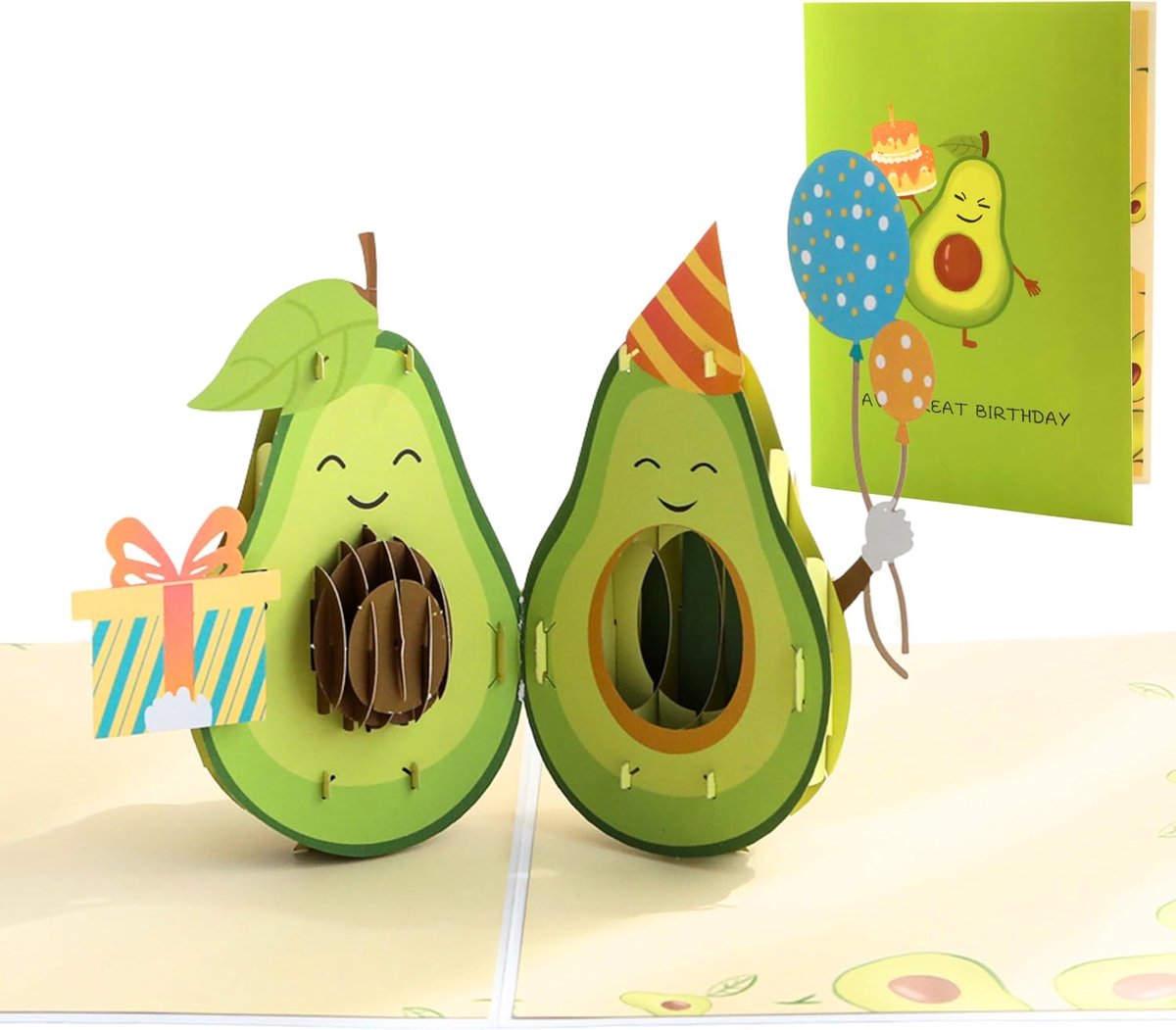 SnelShoppen - 3D Pop-up Avocado Verjaardagskaart met Ballonnen en Cadeau - Grappige Kaart voor Kinderen en Volwassenen - Inclusief Envelop - Feestelij