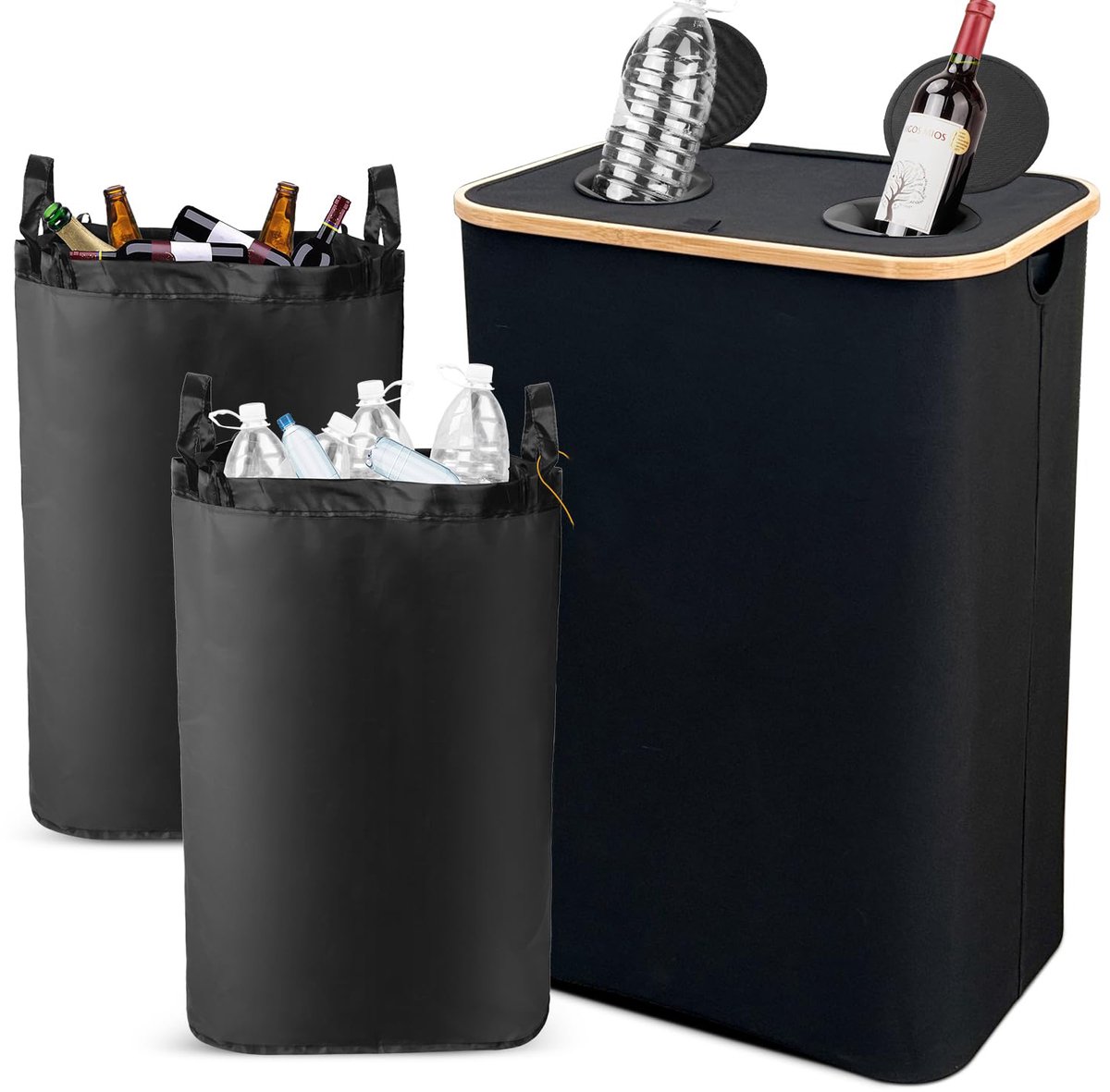 Bresht Flessenopberger - 170 Liter – Opvouwbare Recyclezak - Deksel - Opvouwbaar ontwerp - Uitneembare Binnenzakken - Zwart