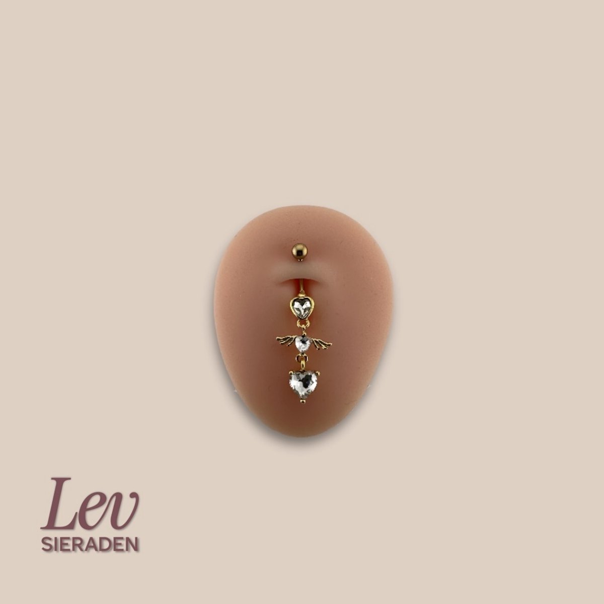Lev Sieraden - 1.6x10mm hartjes en angle wings - 2 hanger navel piercing - Goud kleurig - Titanium - extern geschroefd