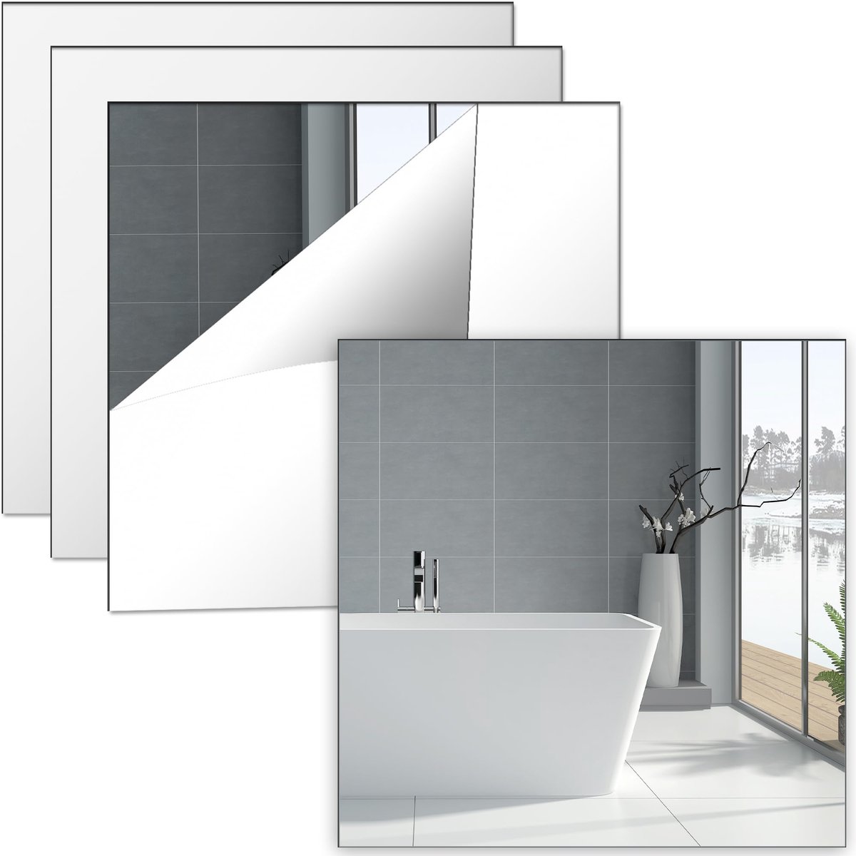 SnelShoppen - Olicky HD Zelfklevende Spiegel 30 x 30 cm - 4 Stuks Spiegeltegels - Decoratieve Wandspiegel - Acryl Spiegels voor Woonkamer, Badkamer, K
