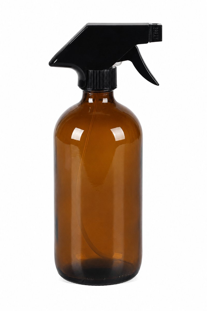 Hervulbare Glazen Plantenspuit 500 ml – Amberbruine Sprayfles met Zwarte Verstuiver – Handsproeier voor Planten, Schoonmaak en Haarverzorging – Ø 7 x 22 cm – Amber