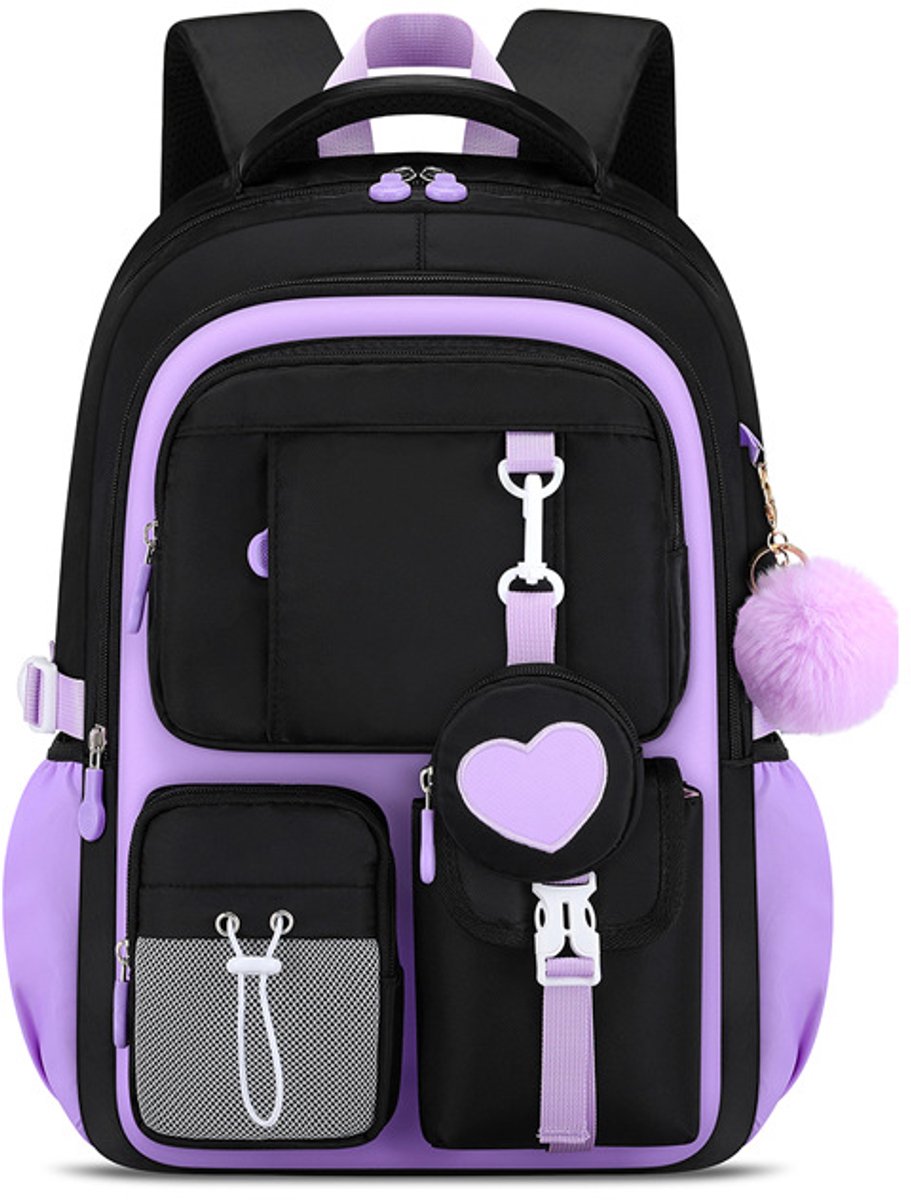 Bobypet Schooltas Meisjes - Rugzak voor Middelbare School - 23L Laptop Rugzak met Hartjes Portemonnee en Pompon - Duurzame Schooltas voor Meisjes - Zwart