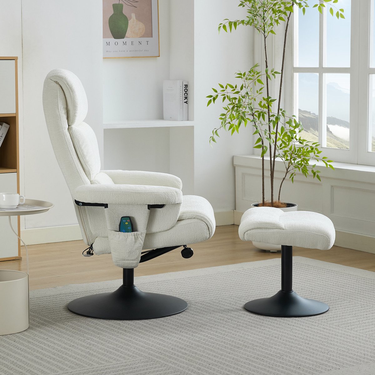 COVREO Relaxfauteuil 77 x 75,5 x 100 cm - wit chenille, 360° draaibaar, massage en hocker