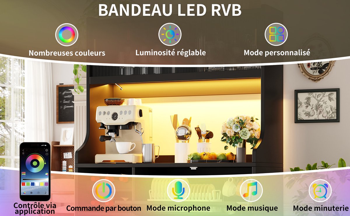 OKWISH Keukenkast - Hoge Opbergkast Met Appgestuurde RGB Led, Glazen Schuifdeuren En 3 Laden - 120x40x180 cm - MDF Zwart