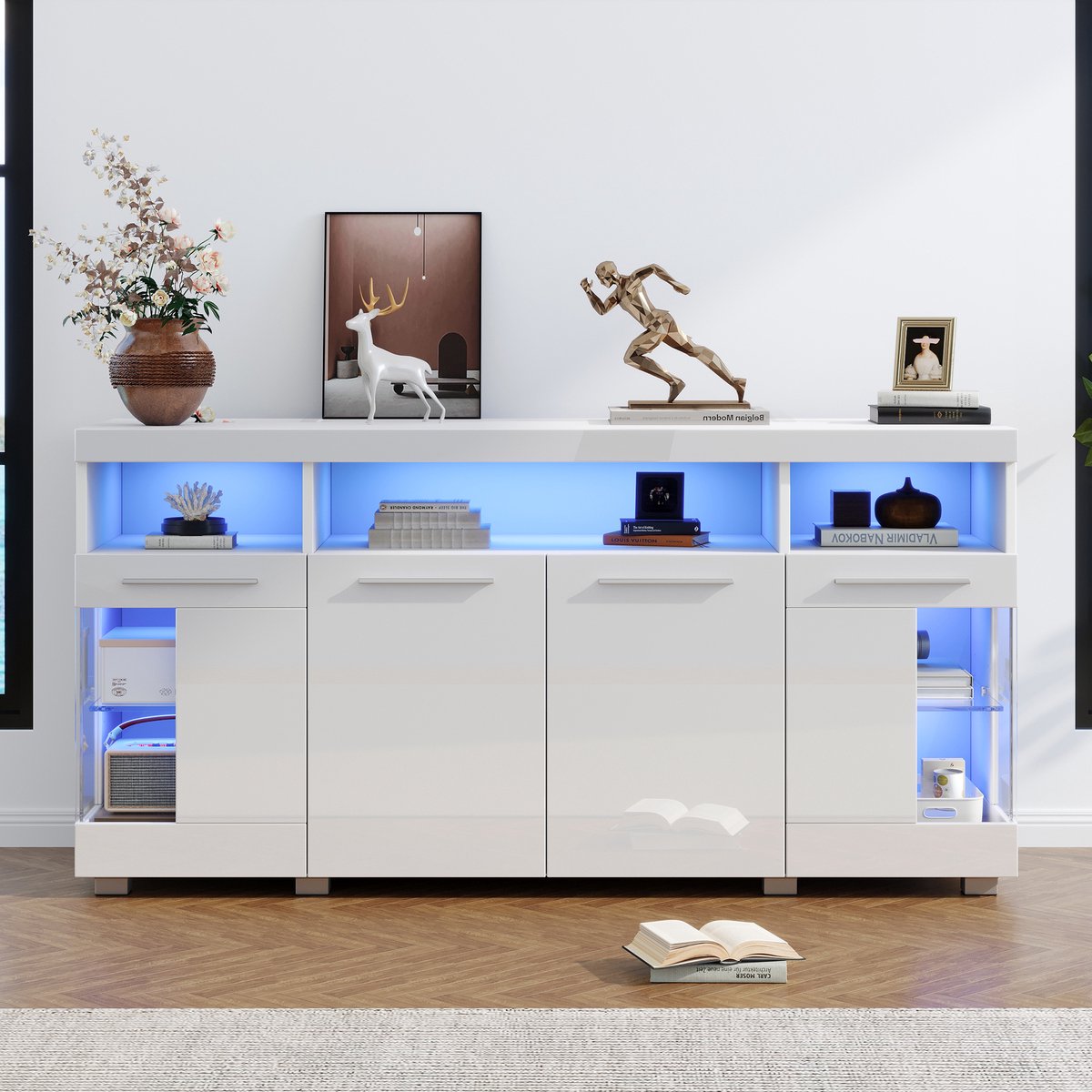 COVREO Dressoir 140x40x70 cm – wit, MDF en gehard glas, met LED en 3 lades