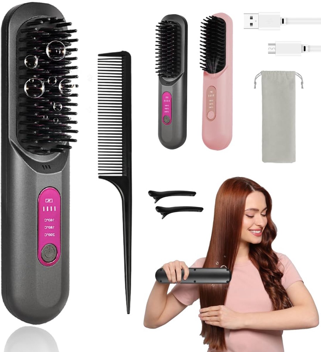 SnelShoppen - Draadloze Stijlborstel met 3 Temperatuurmodi, Negatieve Ionen Haarstyler voor Alle Haartypes - Perfect voor Thuis en Reizen