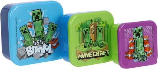 Drie oprijgende Minecraft-opbergdozen: blauw met Creepers, groen met Creepers en Minecraft-logo, paars met Creepers en TNT.