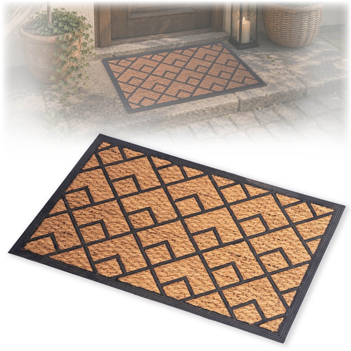 KADAX kokosmat 40 x 60 cm, rechthoekige deurmat van kokos en rubber, antislip deurmat voor buiten, vuilvangmat met rubberen onderkant (vierkant patroon) bruin, zwart