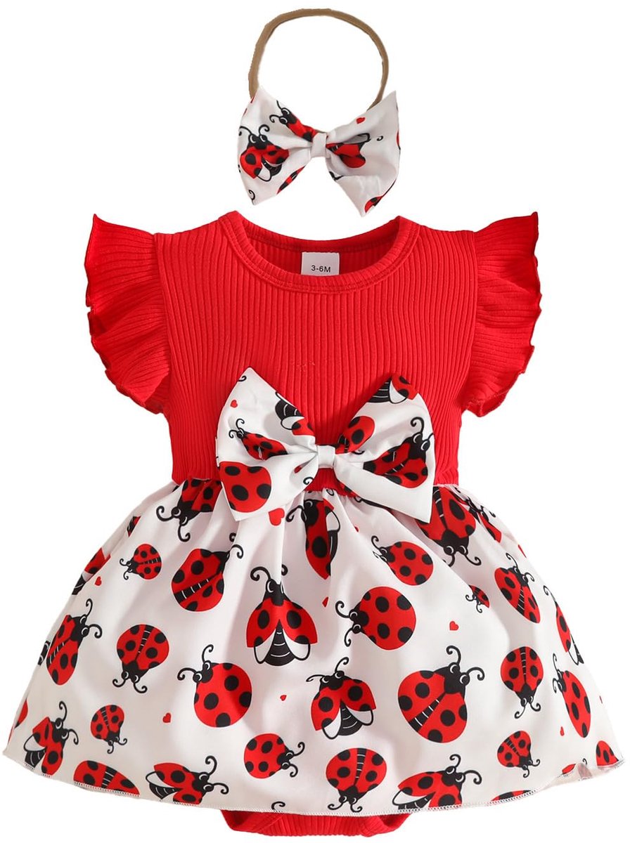 SnelShoppen - Babykleding met korte mouwen en shorts met bretels, Zomerkleding voor Baby's 0-3 Maanden, Rode Lieveheersbeestje, Schattige Hoofdband, I