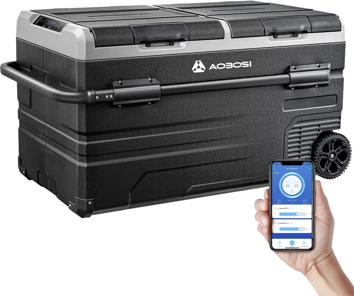 SnelShoppen - 115L Compressor Koelbox - Autokoelbox met WiFi App Bediening, USB Aansluiting, 12/24V en 100-240V, Koelkast tot -20°C voor Auto, Vrachtw