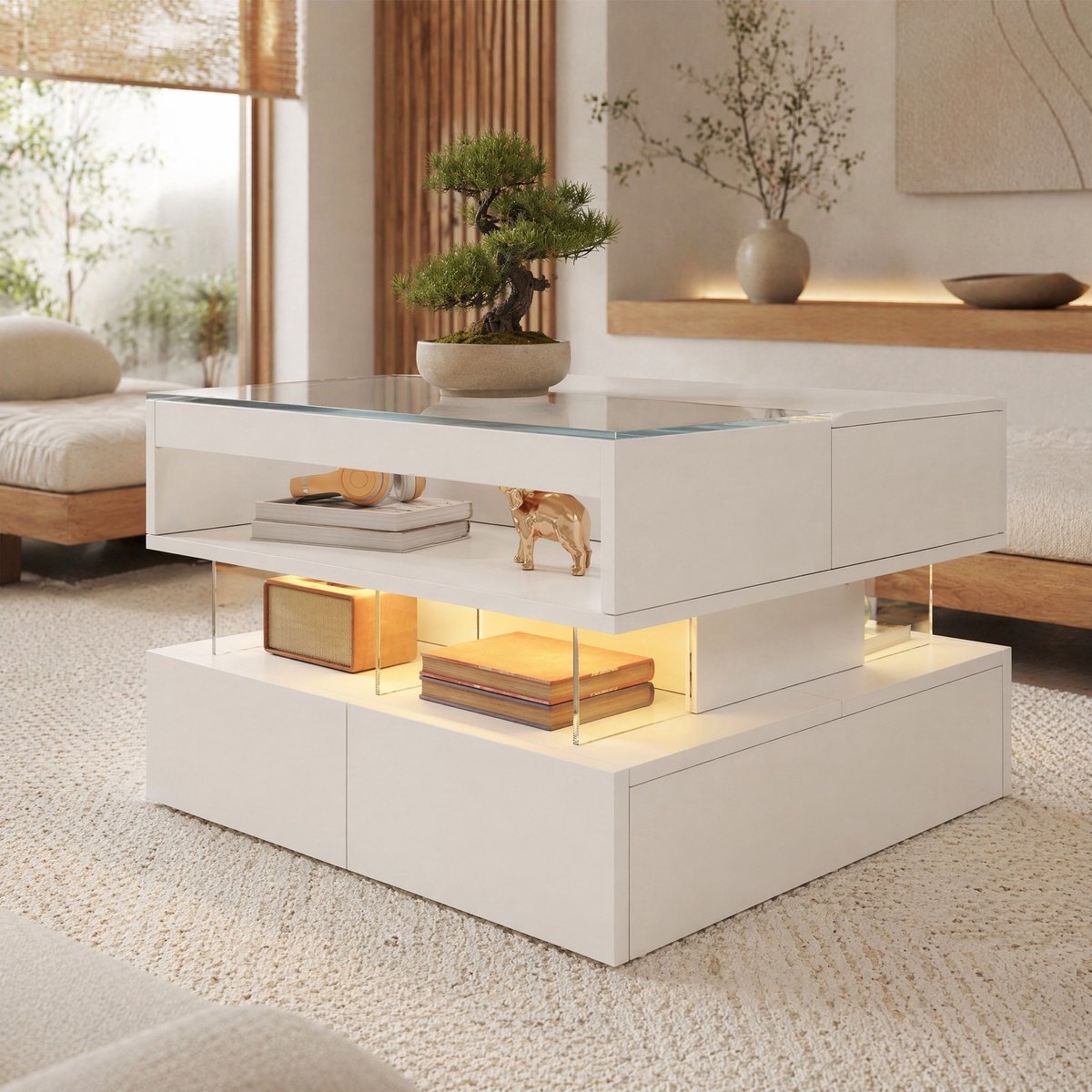COVREO Salontafel 70x67x57 cm - wit, glasplaat, lift-top met lades en 16-kleuren LED
