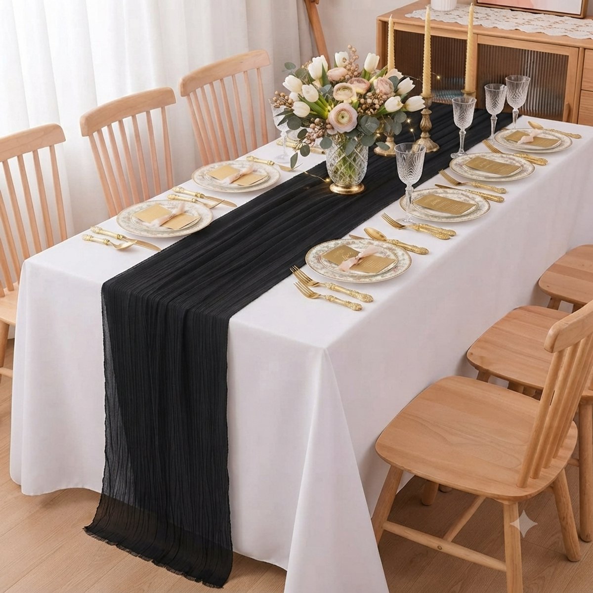 Livatto Tafelloper zwart 70 x 300 cm - Chiffon stof - Elegant tafelkleed voor bruiloft en feest
