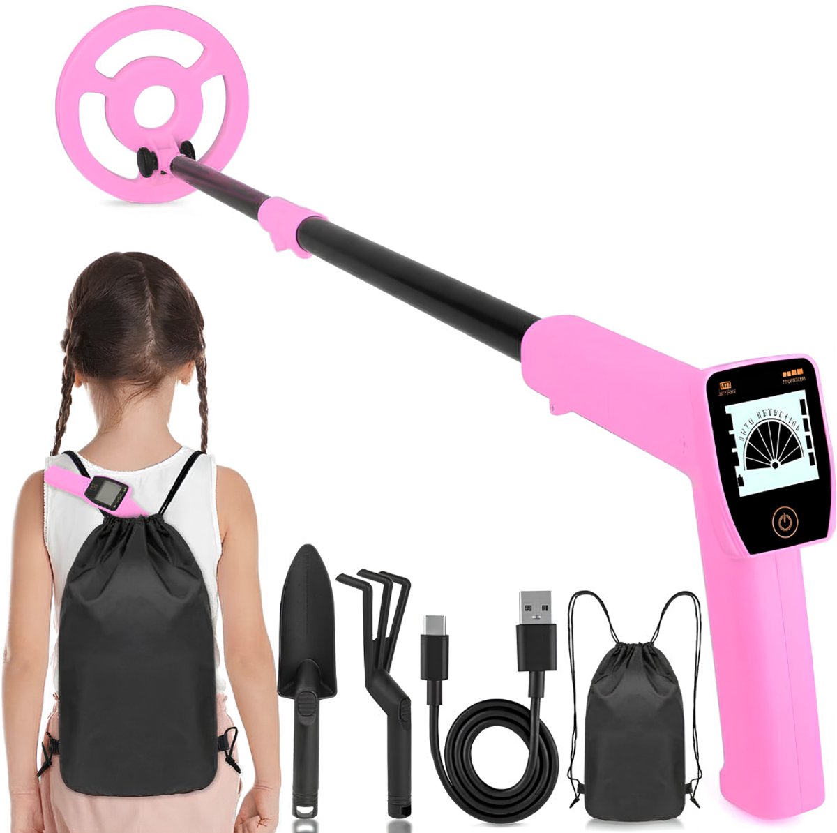 SNJY® Metaaldetector voor Kinderen - Metaaldetectors - Metaaldetector Kind - Oplaadbaar - Verstelbaar 61-89 cm - Roze