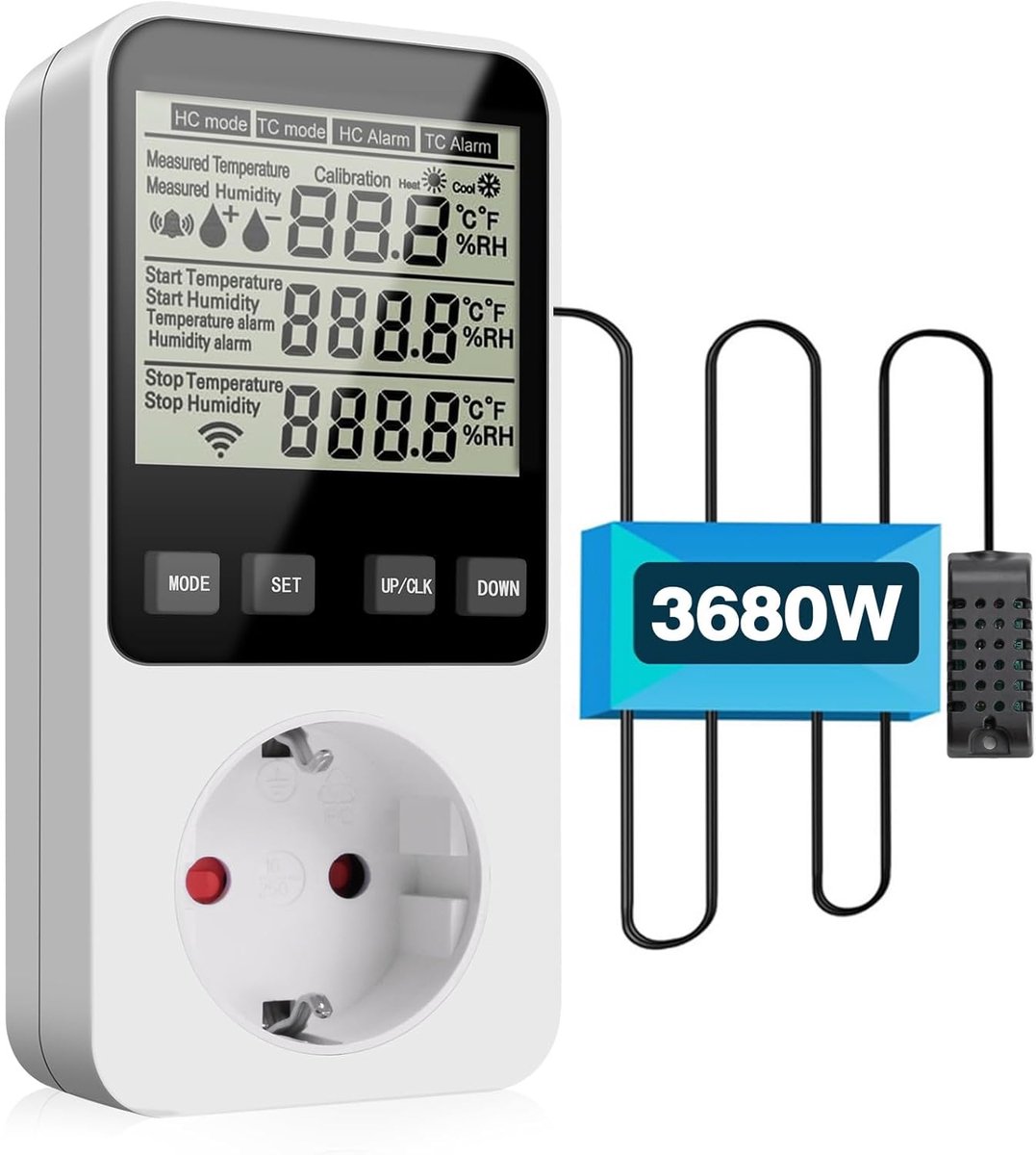 SnelShoppen - Digitale Hygrostaat met Socket voor Temperatuur en Luchtvochtigheid, 230V, 16A, Tot 3680W, Voor Humidifier, Dehumidifier, Groentekas, Re