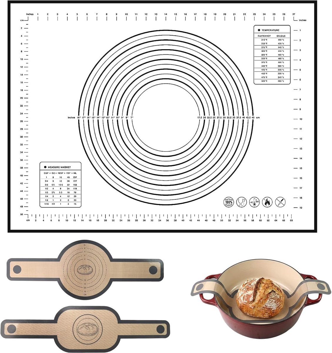SnelShoppen - 3-in-1 Siliconen Bakmat Set - Extra Grote Deegmat 80x60 cm + 2 Bakonderleggers voor Dutch Oven - Antiaanbaklaag, Antislip, Herbruikbaar