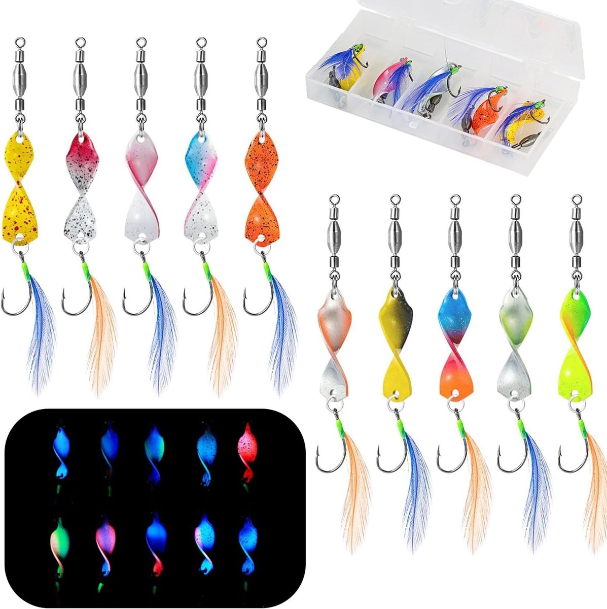 SnelShoppen - Set van 10 Trout Spoons, Vissen Aas Kit Spinnerbaits 3g, UV-Actieve Trout Fish Spoon, Draagbare Vissersset met Doos