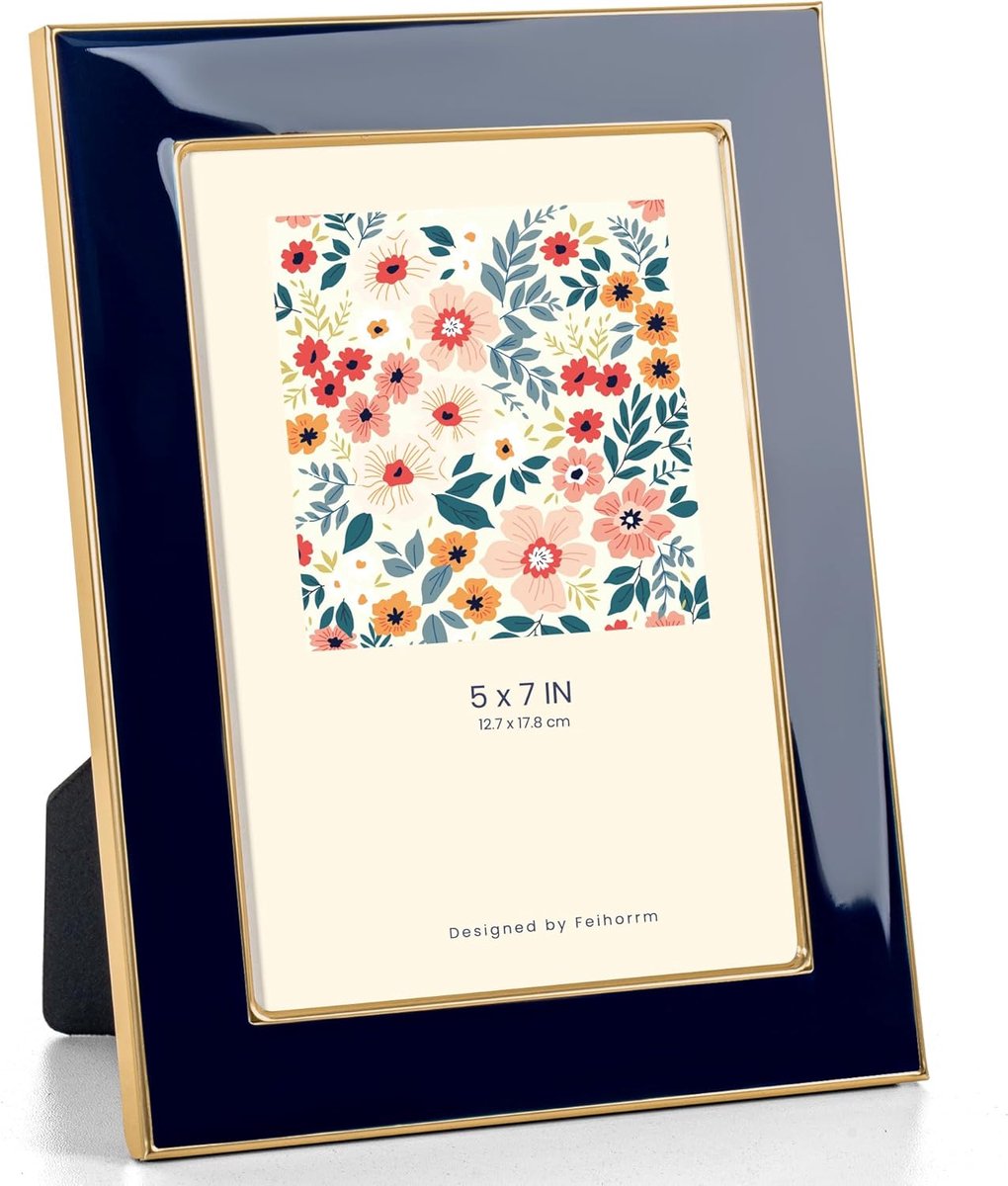 SnelShoppen - Feihorrm 5x7 Enamel Foto Frame - Gouden Metaalrand met Easel - HD Gehard Glas Foto lijst voor Wand en Tafeldisplay - Navy Blauw - Horizo