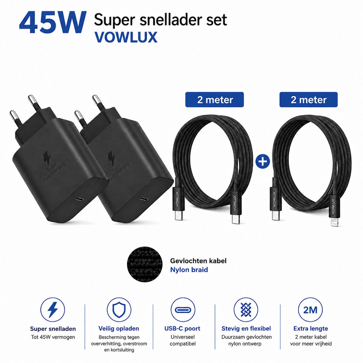 2 Stuks 45W USB-C super snellader set – 2 meter Gevlochten USB-C naar USB-C kabel 60W + 2 meter USB-C naar compatible Lightning kabel – Intelligente laadchip – Geschikt voor alle iPhone en iPad modellen Met Compatible lightning aansluiting