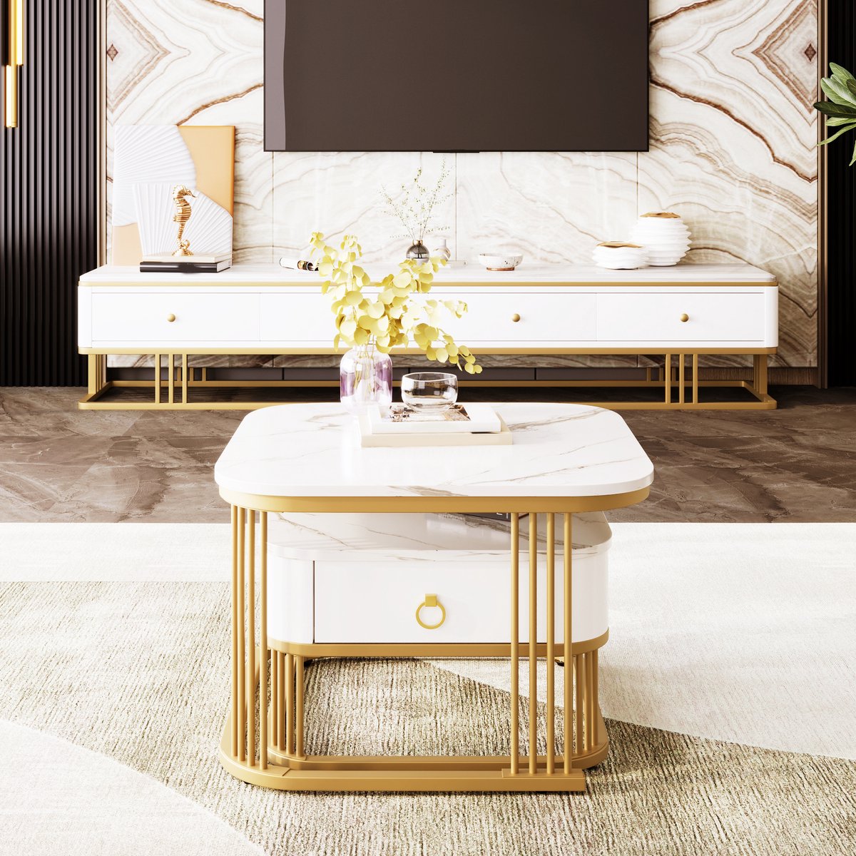 COVREO Salontafel set van 2 60x60x45 en 50x50x34 cm wit en goud met lade