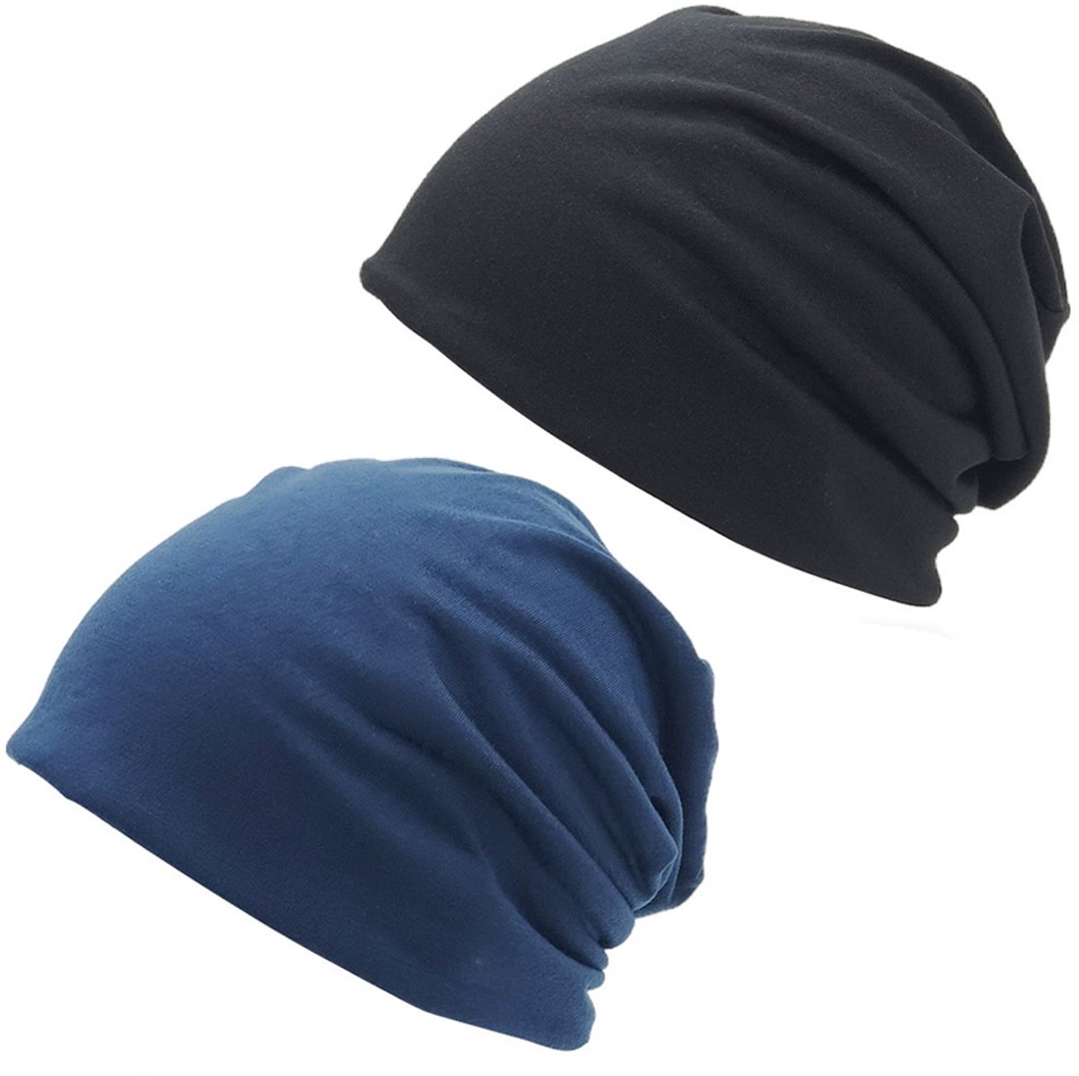 2 stuks Trendy slouchy muts voor dames en heren, zachte en lichte hardloopmuts, hiphopmuts voor volwassenen, chemo-mutsje, slaapmuts (Zwart + Marineblauw)