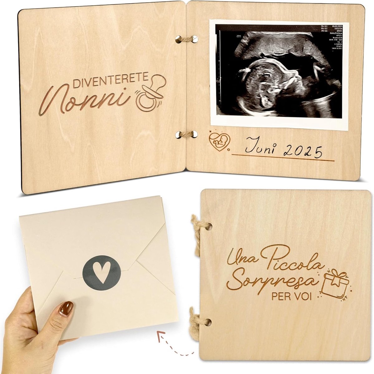 SnelShoppen - Houten Aankondigingsboek Zwangerschap voor Tante en Grootouders - Elegante Gravure - Origineel Cadeau voor Babyshower en Kraamfeest - Un